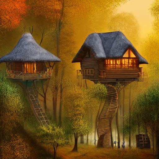 Prompt: a village full of tree houses nestled in a forest, chimneys with puffs of smoke, thatched roofs, golden hour, autumn leaves, ethereal, realistic high quality art digital art