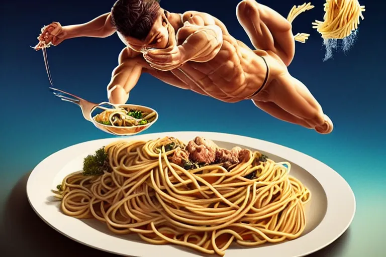 Image similar to olympic diver diving into a dish of pasta, fantasy, elegant, highly detailed, sharp focus, art by artgerm and beeple and greg rutkowski and wlop