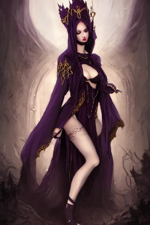 Prompt: Dark Fantasy portrait, Necromancer, female, gorgeous, beautiful face, dark garments, dark pruple robes, gold bracelet, Black cloak from neck to ankles, fishnets pantyhose, kiss, pin-up, shapely toned derriere, digital painting, illustration, by by Albert Aublet, Krenz Cushart, WLOP and Sakimichan, artstation