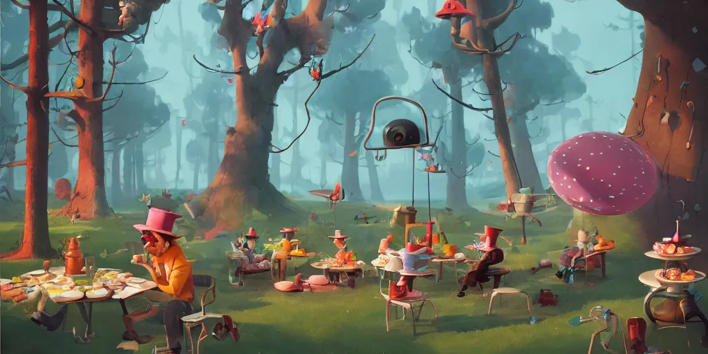 Prompt: Mad hatters tea party by Goro Fujita and Simon Stalenhag , 8k, trending on artstation, hyper detailed, cinematic