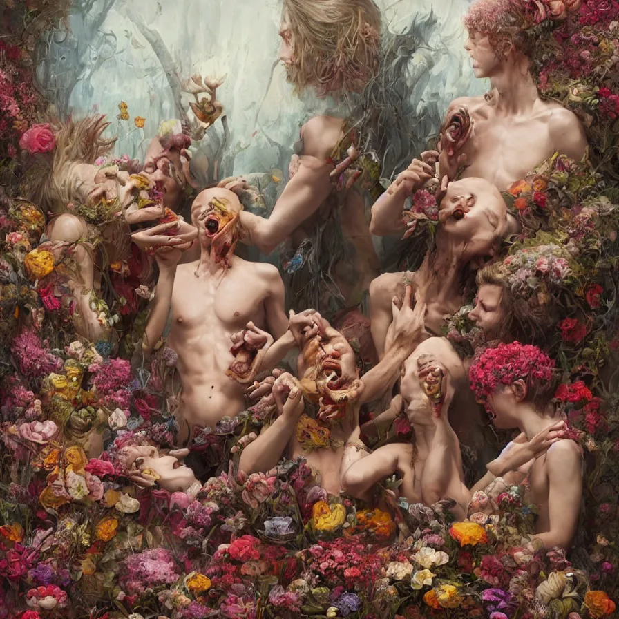 Image similar to male portrait of anorexic family eating rotten flesh and puking blood wearing a thong, surrounded by flowers by karol bak, james jean, tom bagshaw, rococo, trending on artstation, cinematic lighting, hyper realism, dramatic, emotional, octane render, 8 k, hyper detailed.