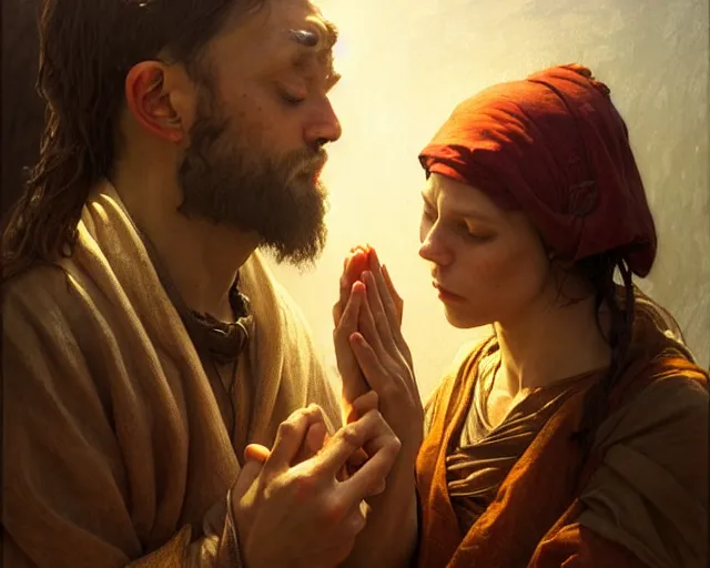 Image similar to poor hungry couple praying to a cross, emotional sad painting, very poor, hungry, love, medieval peasants, fantasy, cruel, dramatic lighting, intricate, wild, highly detailed, digital painting, artstation, concept art, smooth, sharp focus, illustration, art by artgerm and greg rutkowski and alphonse mucha