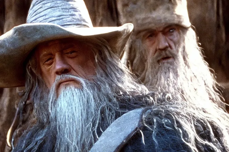 Prompt: Gandalf wearing a cowboy hat, from behind, full body view. Movie still from lord of the rings the fellowship of the ring.