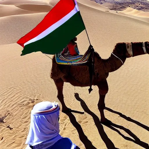 Image similar to cristiano Ronaldo holding the Moroccan flag while riding a camel in the desert