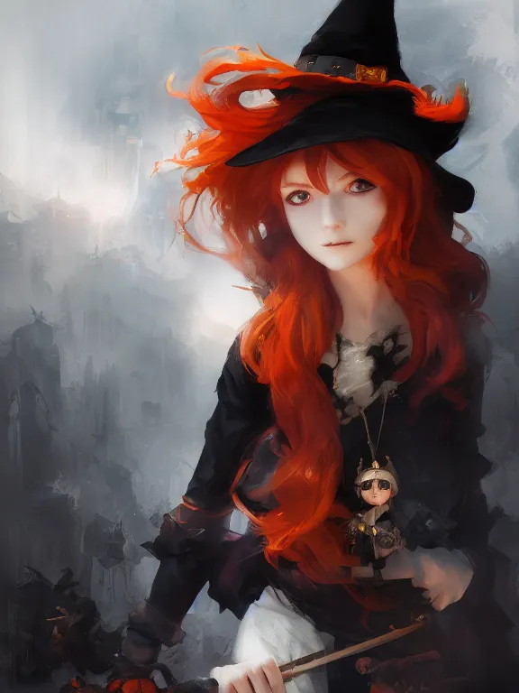 Image similar to Full shot of a cute mischievous young witch about to get up to some trouble. Black and Orange palette. By Ruan Jia and Artgerm and Range Murata and WLOP and CLAMP. Key Art. Fantasy Illustration. award winning, Artstation, intricate details, realistic, Hyperdetailed, 8k resolution.