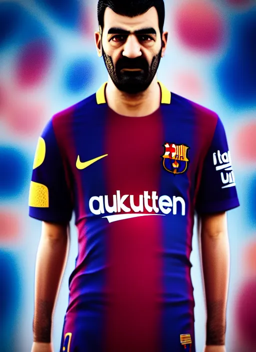 Image similar to portrait of sadam hussain, fc barcelona jersey number 1 0, dark blue, maroon red, hyper realism art, trending on artstation, octane render