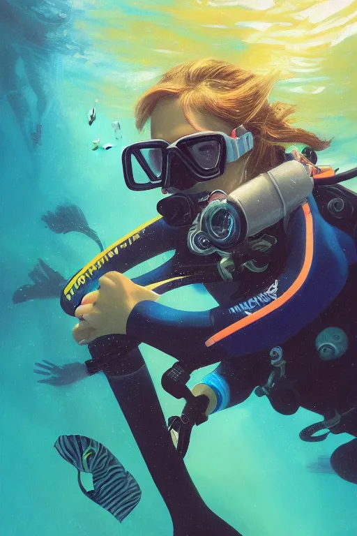 Prompt: a portrait of a cute female scuba diver, underwater setting, vivid colors, soft lighting, atmospheric, cinematic, moody, in the style of artgerm and greg rutkowski, oil on canvas, 8 k