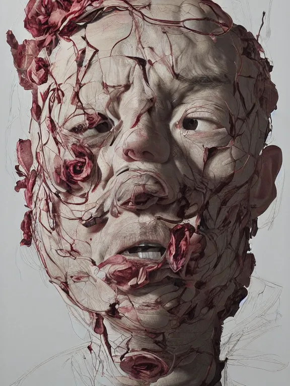 Prompt: twisted head, head made of roses, portrait by jenny saville