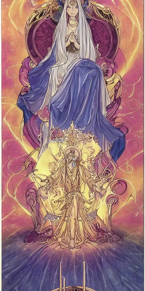 Prompt: a mystical woman priestess sitting on a throne, the divine feminine, drawn by studio UFOTABLE, fine line work, pastel colors, Tarot cards. The empress tarot card