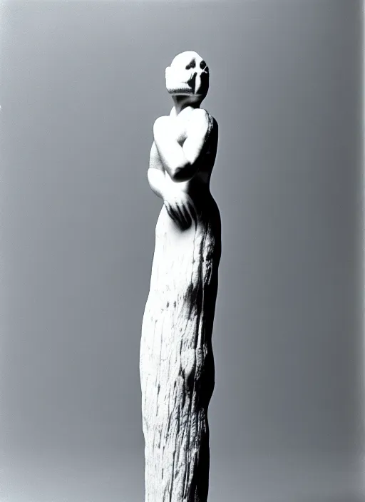 Prompt: realistic photo of a sculpture model of white cloud, standing on a wooden stick, front view 1 9 9 0, life magazine reportage photo, metropolitan museum photo