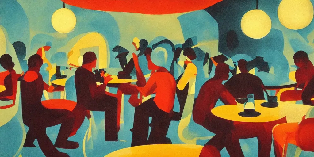 Prompt: spherical glass people sitting at flooded restaurant painting by aaron douglas painting by alvar aalto