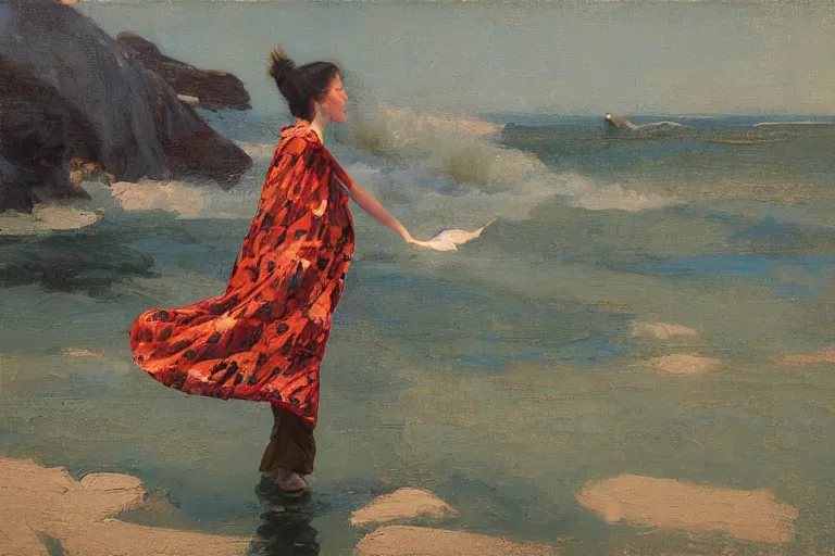 Image similar to wind, fabric with koi - pattern blowing in the wind, sunlight, no person, jeremy lipking, joseph todorovitch