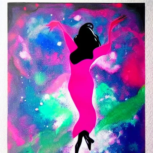 Image similar to abstract ink and acrylic painting, ink drawing shape of a dancing beautiful woman silhouette!, pouring, sprays, nebulae colors, black dark blue purple and pink color scheme, curves, starfield, artstation, pinterest
