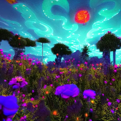Image similar to bioluiniscent flower blooming at twilight, glow, wide-angle lens, astral, beautiful, intricate, noctilucent, landscape, glowing neon, unreal engine