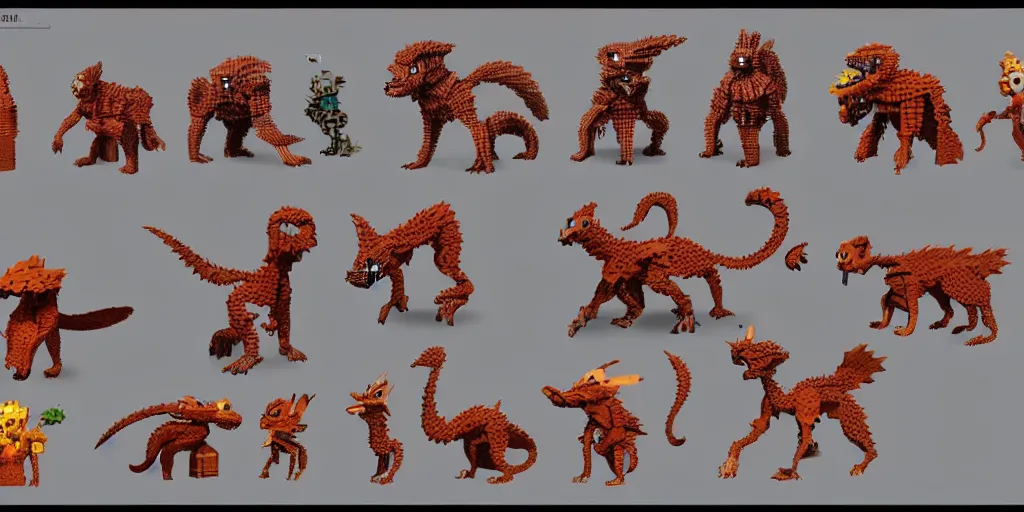 Image similar to creatures called critters, made out of few bricks. cute looking, sharp focus, moebius, character sheet, game concept art, brush work