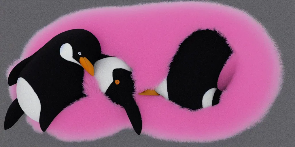 Image similar to realistic penguin sitting in a pink fluffy bed