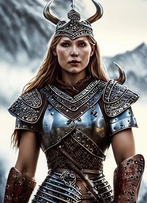 Image similar to photo of a gorgeous viking queen in armor in the style of stefan kostic, realistic, sharp focus, 8 k high definition, insanely detailed, intricate, elegant, art by stanley lau and artgerm