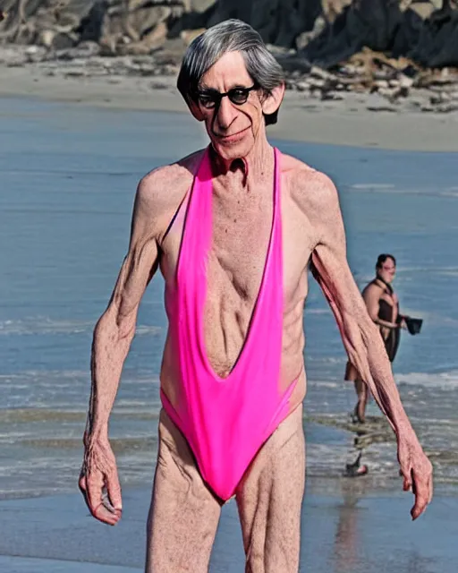 Prompt: richard belzer wearing a neon pink mankini at the beach