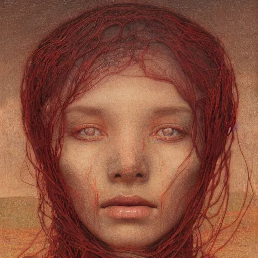 Image similar to face portrait, rocky shore, woman, wrapped around by veins, veiled face, glowing red, by edgar maxence and ross tran, zdzisław beksinski, and michael whelan, distant, gustav dore, h. r. giger, 8 k, octane render