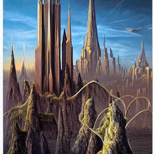 Image similar to by jim burns tranquil, angular. a beautiful land art of a cityscape with tall spires & delicate bridges.