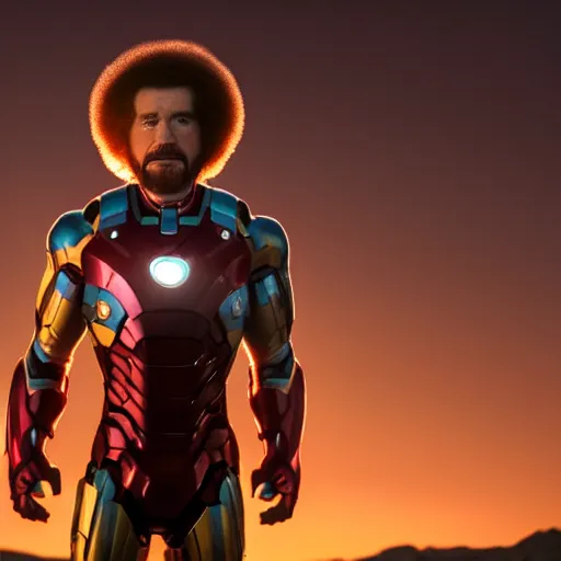 Image similar to a still of Bob Ross as Ironman. Magic Hour. Professional photography, 4K. Mood