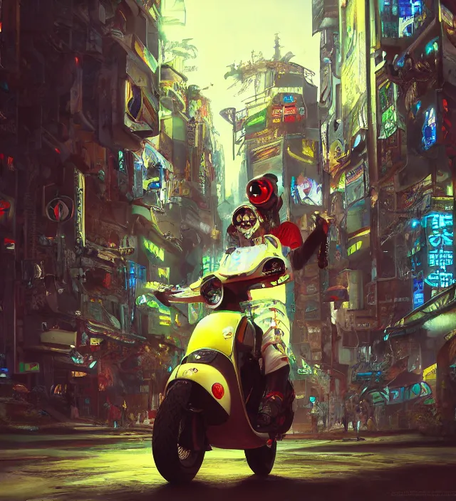 Image similar to Wonderland cyberpunk, Vespa, artstation, realistic, environments, 4k