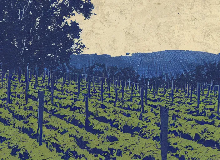 Image similar to blue woodcut vineyard landscape by greg rutkowski, fine details, highly detailed