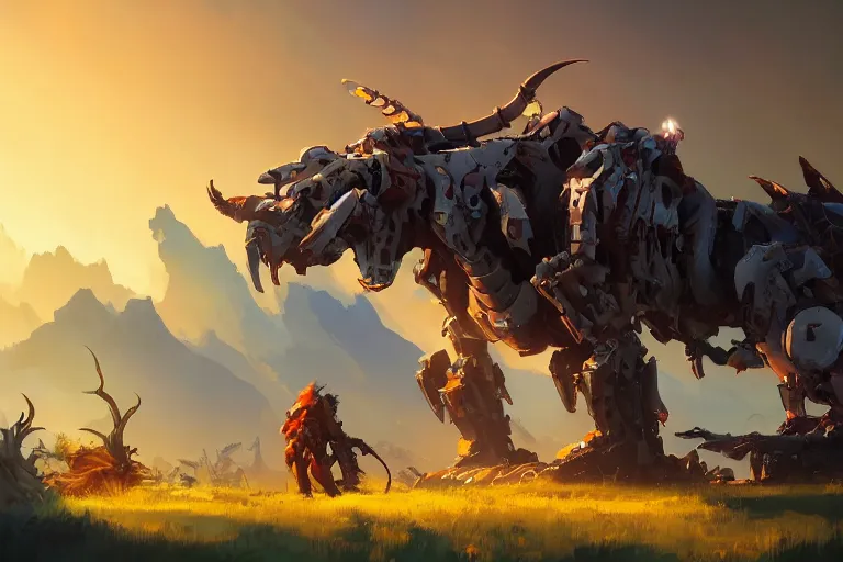 Image similar to grimhorn fanghorn machine mecha animal beast robot of horizon forbidden west horizon zero dawn bioluminiscence, behance hd by jesper ejsing, by rhads, makoto shinkai and lois van baarle, ilya kuvshinov, rossdraws global illumination