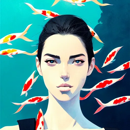 Image similar to a ultradetailed beautiful portrait panting of a stylish woman surrounded by floating koi fish, by conrad roset, greg rutkowski and makoto shinkai, trending on artstation