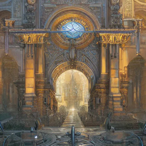 Image similar to The grand city gates, wide angle shot, epic composition, art by Donato Giancola and James Gurney, digital art, trending on artstation