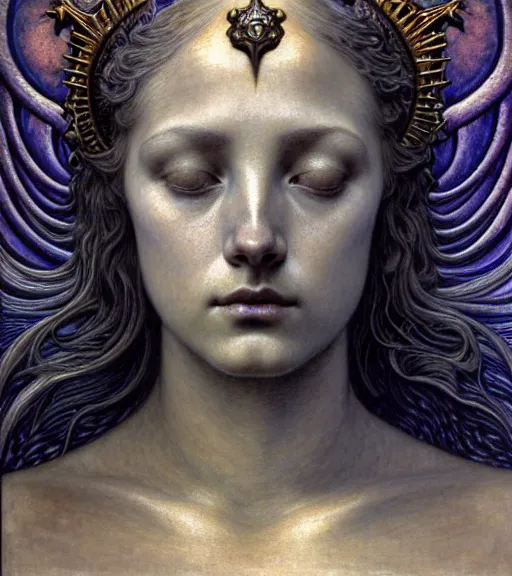 Prompt: detailed realistic beautiful young medieval queen of the andromeda galaxy face portrait by jean delville, gustave dore and marco mazzoni, art nouveau, symbolist, visionary, gothic, pre - raphaelite. horizontal symmetry by zdzisław beksinski, iris van herpen, raymond swanland and alphonse mucha. highly detailed, hyper - real, beautiful