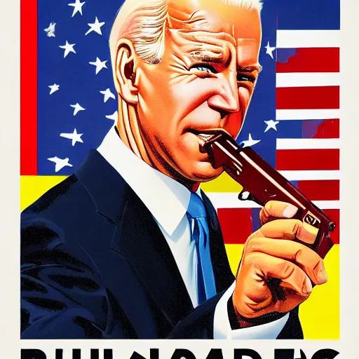 Image similar to propaganda poster of joe biden pointing gun directly at camera in james bond movie, closeup of gun, visible barrel and grip by j. c. leyendecker, bosch, lisa frank, jon mcnaughton, and beksinski