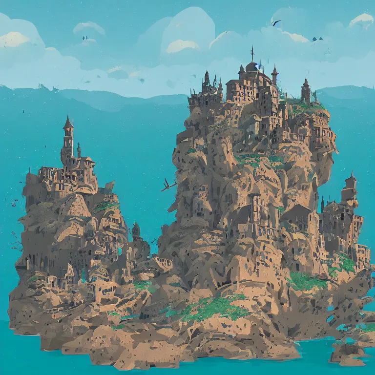 Prompt: in the style of petros afshar, art of a medieval castle and bustling town floating on top of a giant rock next to a beach and a clear blue sea mountain range