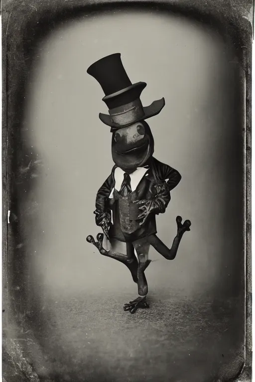 Image similar to a wet plate photo of an anthropomorphic sing and dancing vaudeville frog, porkpie hat