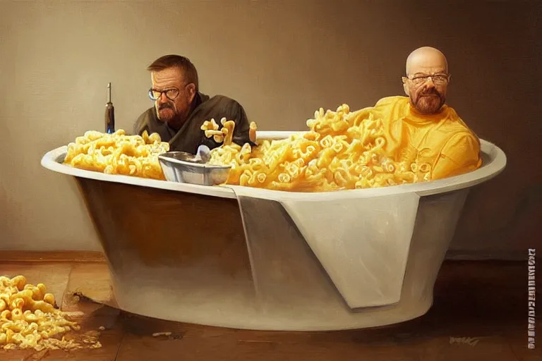 Prompt: portrait of walter white sitting in a bathtub full of mac and cheese, an oil painting by ross tran and thomas kincade