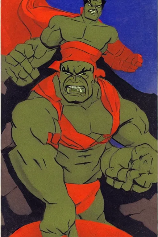 Image similar to hulk, marvel, artwork by nicholas roerich,