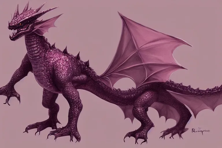 Image similar to full body digital illustration of a cute baby dragon by randy Vargas, magenta dragon, concept art, black matte background, deviantArt, artstation