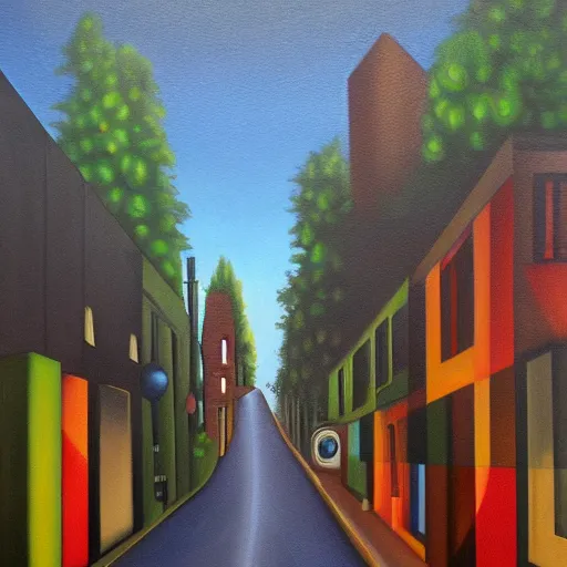 Prompt: happy lane central, oil and acrylic on canvas, surrealism, high detail