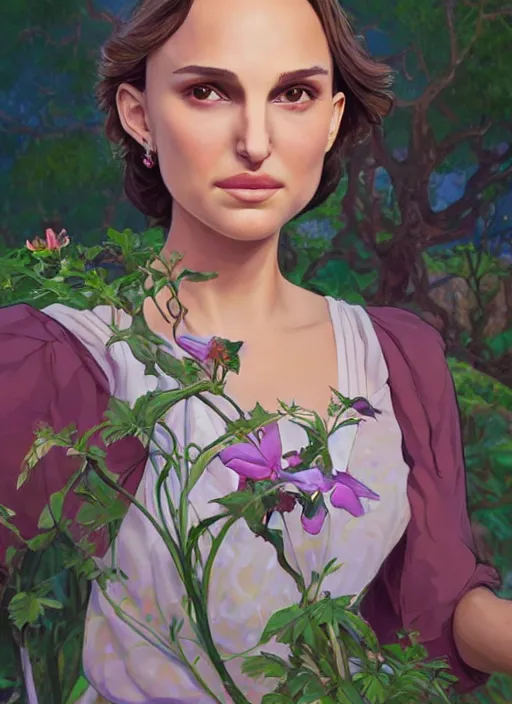 Prompt: well - lit art nouveau face portrait of a 1 3 - year old natalie portman playing in the garden, natural lighting, path traced, highly detailed, high quality, cartoon, digital painting, by don bluth and ross tran and studio ghibli