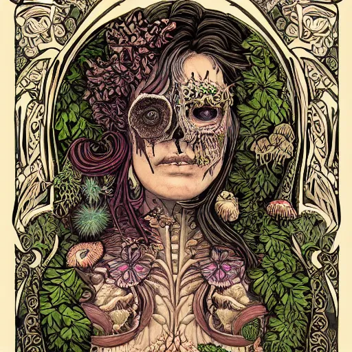 Image similar to a beautiful detailed front view portrait of a rotten woman corpse with fractal plants and fractal flowers and mushrooms growing around, intricate, symmetrical, ornate, ornamentation, illustration, in the style of art nouveau