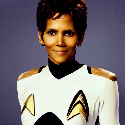 Image similar to a beautiful full body photograph of halle berry as a star fleet admiral from star trek next generation, symmetrical face, extreme realism and detail, 8 k, completely framed, direct lighting, 3 5 mm photo, photorealistic, sharp focus