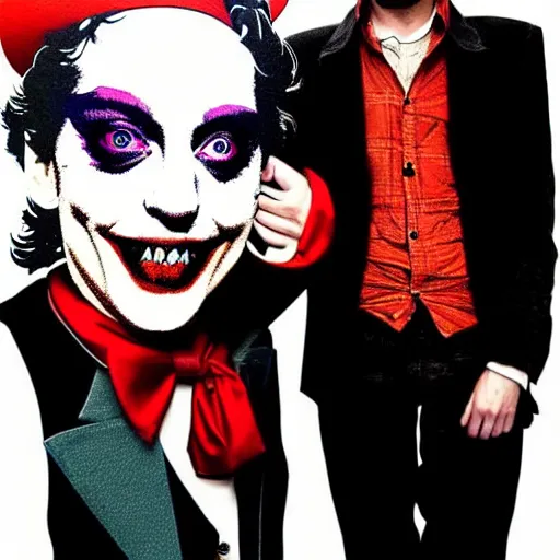 Image similar to mimmo rottela and banksy as joaquin phoenix skinny joker holding hand lady gaga harley queen, photorealistic, intricate details, pop art style, baroque, hyperdetailed, concept art, ultrarealistic, 3 colors