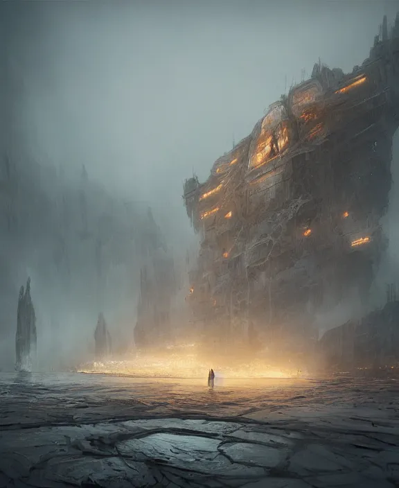 Prompt: surreal epic, masterpiece, romantic prometheus horizontal white exploration base, ochre ancient palette, building architecture by ruan jia, futuristic, blame, white architecture in the beach in iceland, foggy, highly detailed, digital painting, arstation, concept art, hyperealistic octane render, unreal engine