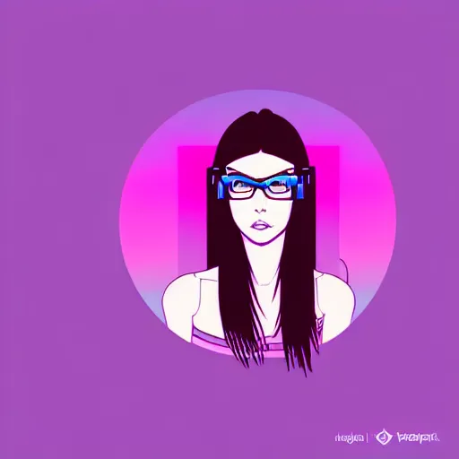 Prompt: simple illustration of an attractive young woman, medium length dark hair, blue eyes, thick glasses, symmetrical, thinking, vector art, vaporwave, blade runner style, cyberpunk, neon lighting, teal, purple, pink