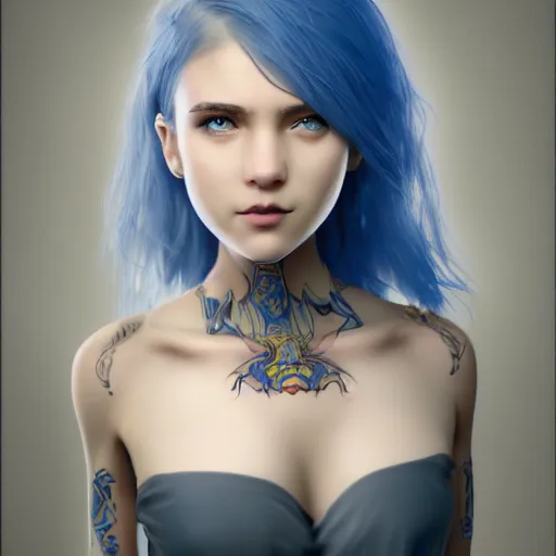 Prompt: portrait of young girl half dragon half human , dragon skin, dragon eyes, dragon crown, blue hair, long hair, highly detailed 3D render, 8k, rpg concept art character, jrpg character, manga, anime, video game character, concept art, David Lynch