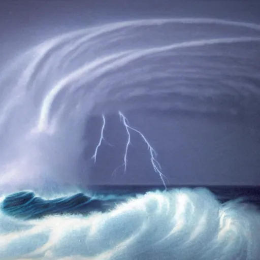 Image similar to giant ocean wave in a thunder storm with a ship fighting through the waves