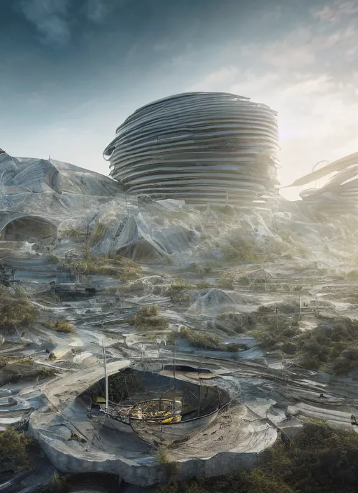 Image similar to bioremediation white mining tailing futuristic architecture in chuquicamata, epic, cinematic, hyperealistic, high detailed, corona render, hdr, ray tracing