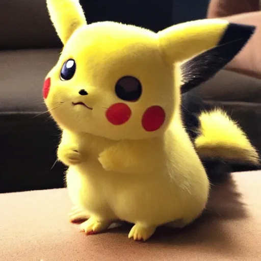 Image similar to a stunning photograph of a pikachu in real life, 8 k hd, incredibly detailed, hd fur, cute mouse pokemon, sent from my iphone ; it has a cold but is happy