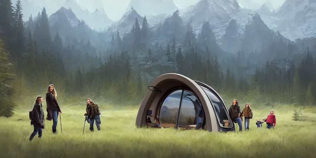 Image similar to cabela's beautiful comfortable futuristic pop up insulated all terrain family pod, cabin, modular, person in foreground, mountainous forested wilderness open fields, beautiful views, painterly concept art, joanna gaines, environmental concept art, farmhouse, magnolia, concept art illustration by ross tran, by james gurney, by craig mullins, by greg rutkowski trending on artstation