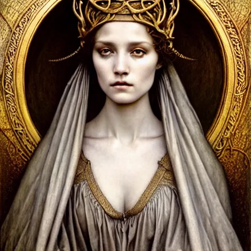 Image similar to detailed realistic beautiful young medieval queen face portrait by jean delville, tom bagshaw, brooke shaden, gustave dore and marco mazzoni, art nouveau, symbolist, visionary, gothic, pre - raphaelite, ornate gilded medieval icon, surreality, ethereal, unearthly, haunting, celestial, neo - gothic